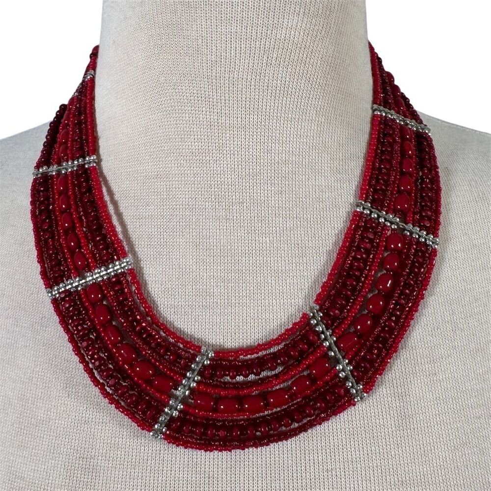 Red Bead Multi-Strand Necklace Adjustable Silver Color Clasp